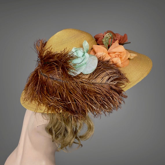 Vintage 1930s Wide Brim Straw Cartwheel Hat with Ostrich Feather and Flower Trim, Leon Hats The Milan King New York