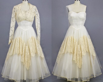 Vintage 1950s Tulle and Lace Wedding Dress & Bolero Jacket, 50s Prom Dress, Strapless Tea Length Formal Dress, XS - S