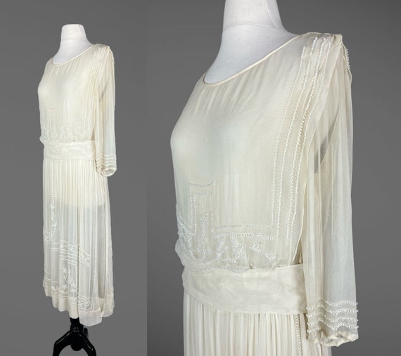 Vintage 1920s Beaded Ivory Chiffon Dress, 20s She… - image 3