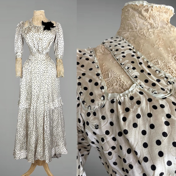 Rare Antique 1900s Floral Silk Jacquard Lace Dress Set, Edwardian Gibson Girl Dress with Pale Blue Silk French Knots, Museum Quality, XS