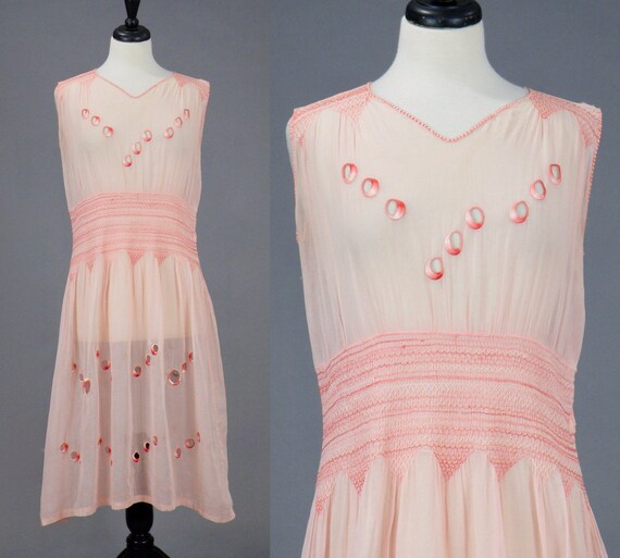 1920s Dress, Smocked 20s Pink Embroidered Cotton V