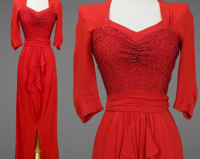 Vintage 1930s 1940s Beaded Red Crepe Evening Dress 40s Dress - Etsy