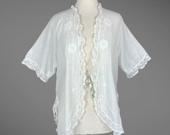 Vintage Edwardian Bed Jacket, Antique 1910s Combing Jacket, Lace Trim Embroidered White Cotton Boudoir Jacket with Green Ribbon Tie