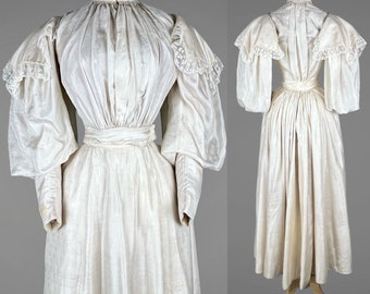 1890s Victorian Dress, Ivory China Silk Antique Leg of Mutton Sleeve Victorian Wedding Dress Set