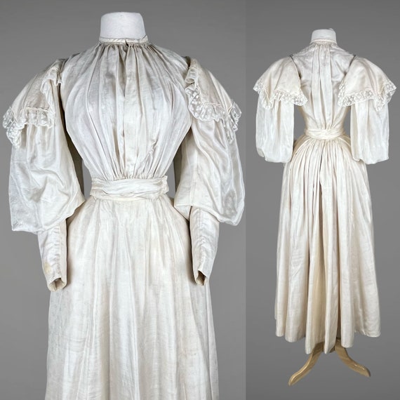 1890s Victorian Dress, Ivory China Silk Antique Leg of Mutton Sleeve Victorian Wedding Dress Set