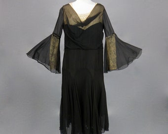Late 1920s 1930s Bell Sleeve Dress, Vintage 30s Dress, Sheer Black Silk Embroidered Lace Deco Dress, Large