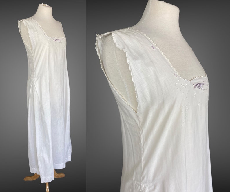 Edwardian Night Dress, Antique 1910s Nightgown, White Embroidered Cotton Nightwear w Purple Ribbon Tie, Made in France, S M image 3