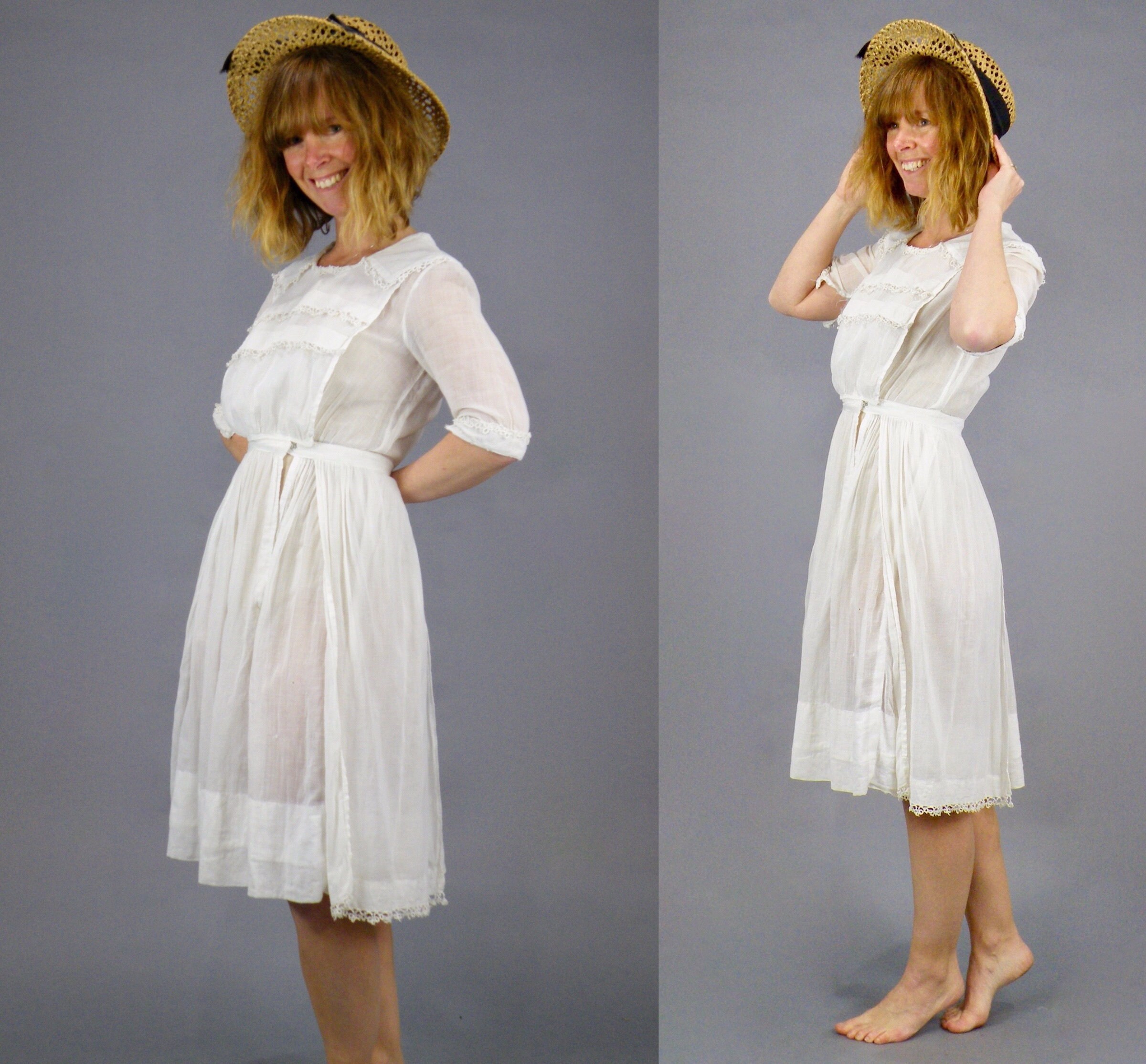 Antique 1910s Edwardian White Cotton Tatted Lace Day Dress