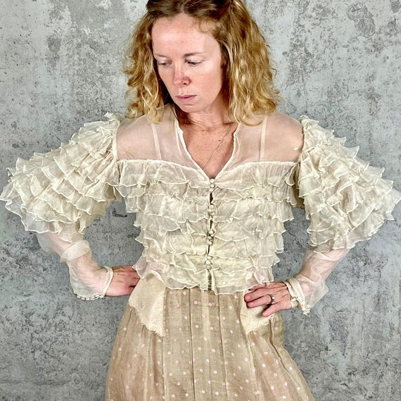 1930s Tiered Ruffle Sheer Silk Blouse | Vintage Leg of Mutton Sleeve Shirt | Romantic Antique 30s Puff Sleeve Top | Old Hollywood | XS-Small