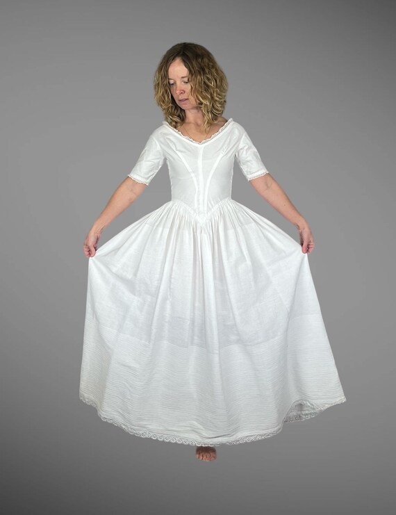 Rare 1840s 1850s Victorian Petticoat Dress Underdress, Authentic Antique White Corded Cotton Full Skirt Dress Defined V Waist, XXS - XS