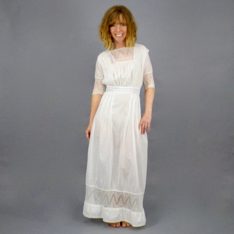 Edwardian Lingerie Dress, Antique 1910s Dress, White Cotton Lace Lawn Dress, XXS image 2