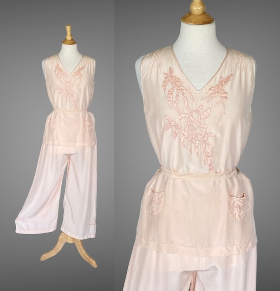 Vintage 1920s Beach Pajamas, 20s Wide Leg Pajama Pants & Top, Blush Pink Embroidered Silk Deco Loungewear