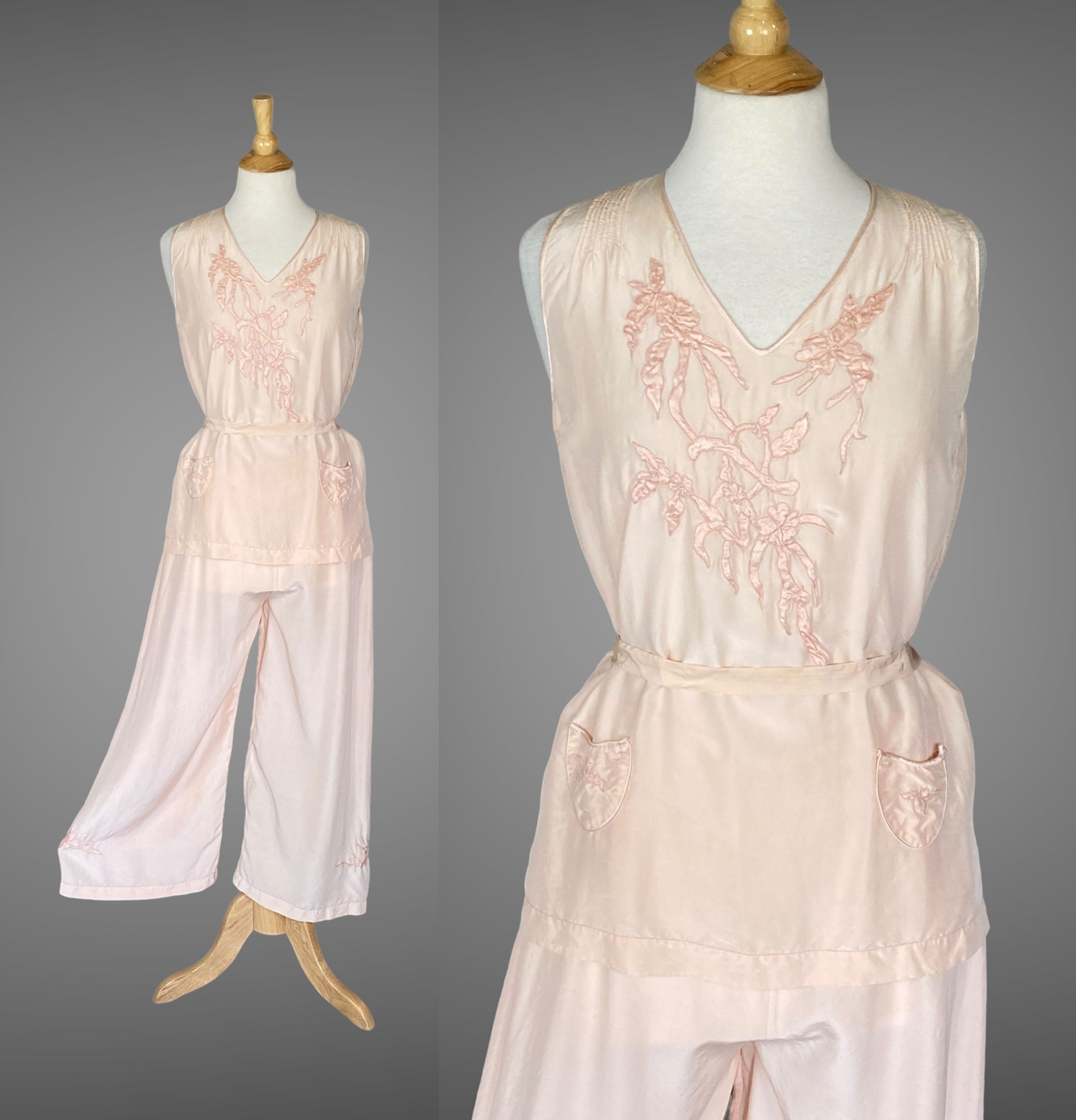 Vintage 1920s Beach Pajamas 20s Wide Leg Pajama Pants Top Blush Pink Embroidered Silk Deco Loungewear