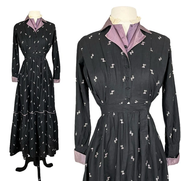 1910s Edwardian Floral Print Cotton Dress, Antique Day Dress, XS