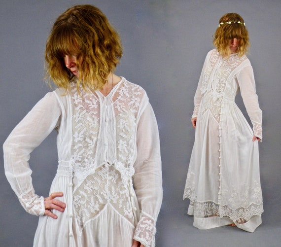 1910s Dress, Antique White Cotton Dress, Edwardian