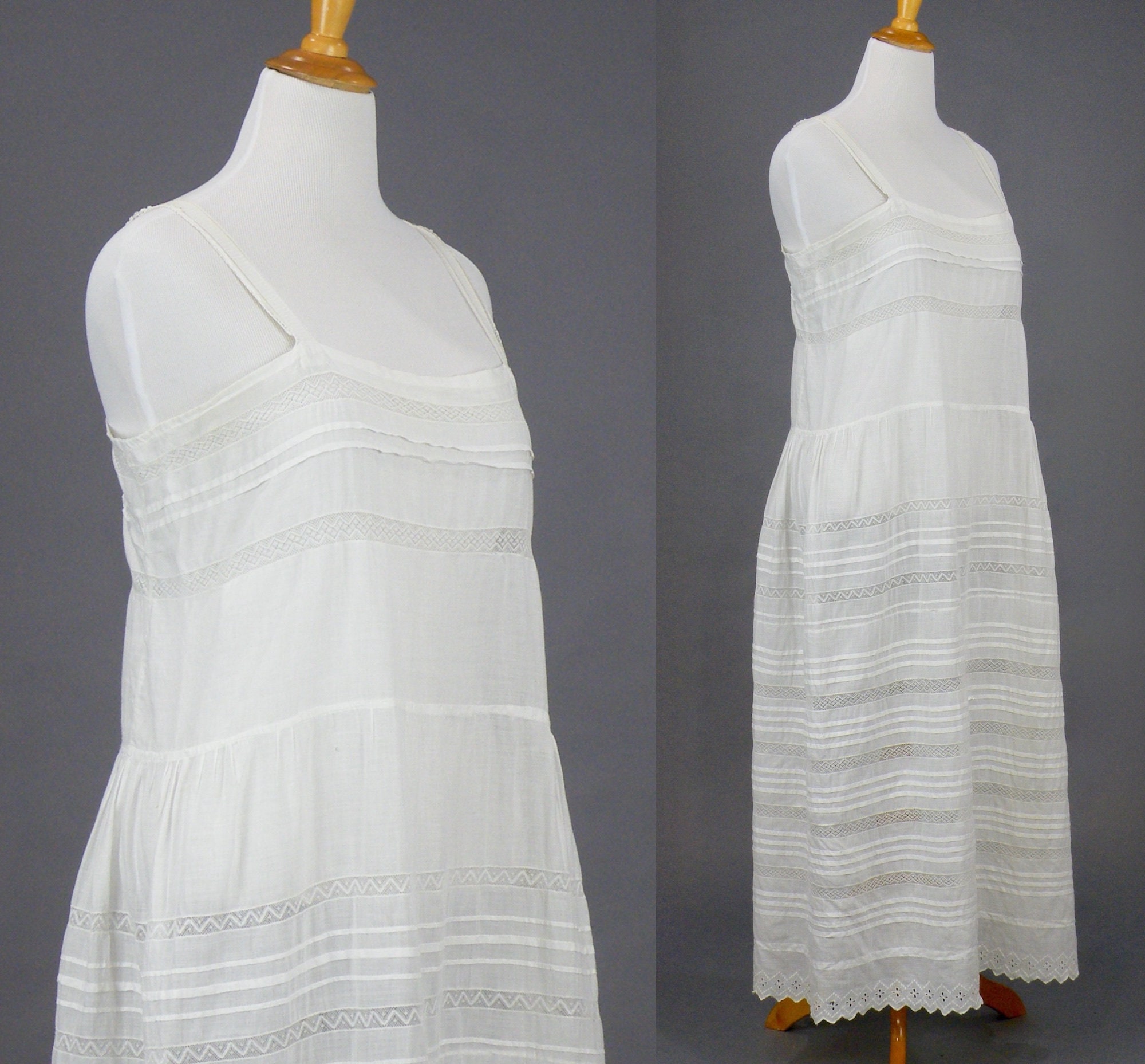 Vintage 1920s White Cotton Lace Slip, 20s Lingerie Slip Dress, Large