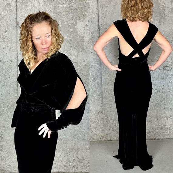 Vintage 1930s Black Silk Velvet Bias Cut Evening Dress & Cropped Cold Shoulder Boloero Jacket Set, 30s Cross Back Gown, XS