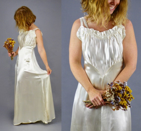 Vintage 1930s 40s Wedding Dress, Ivory Satin Eveni