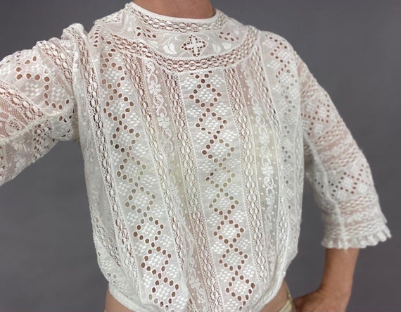 Antique White Cotton Eyelet Blouse, 1900s Edwardia