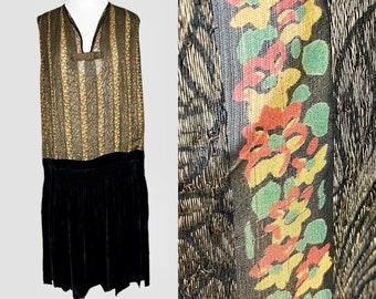 1920s Dress, 20s Metallic Lamé Dress, Floral Chiffon & Velvet Drop Waist with Asymmetrical Hem, Large - XL