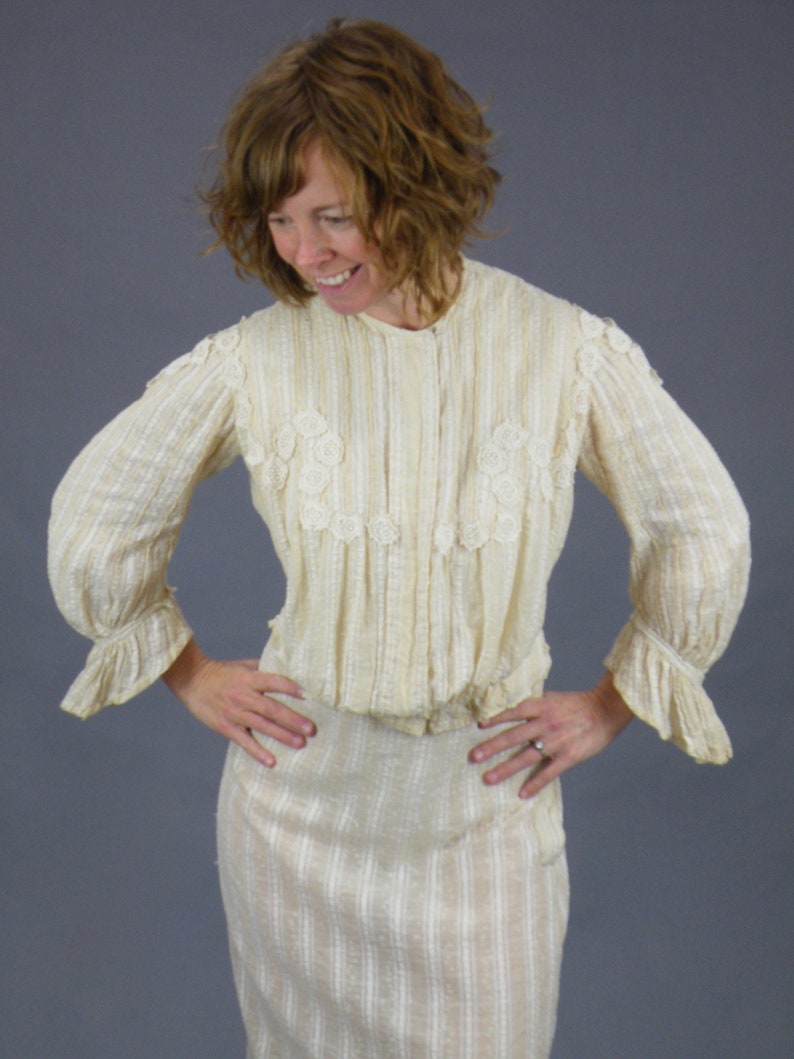 1900s Gibson Girl Dress, Antique Edwardian Lace Appliqué Striped Linen Blouse and Skirt Set, XS S image 1