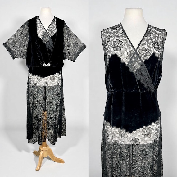 1930s Black Silk Velvet & Lace Dress Set | Bias Cut Art Deco Evening Dress with Rhinestone Clasp Jacket | Old Hollywood Glamour M/L