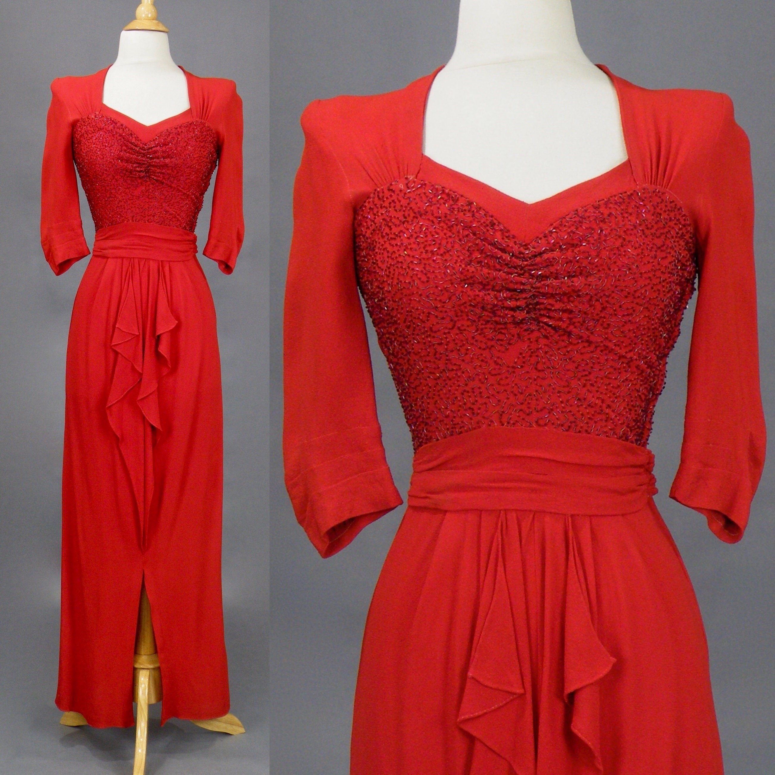 Vintage 1930s 1940s Beaded Red Crepe Evening Dress, Old Hollywood ...