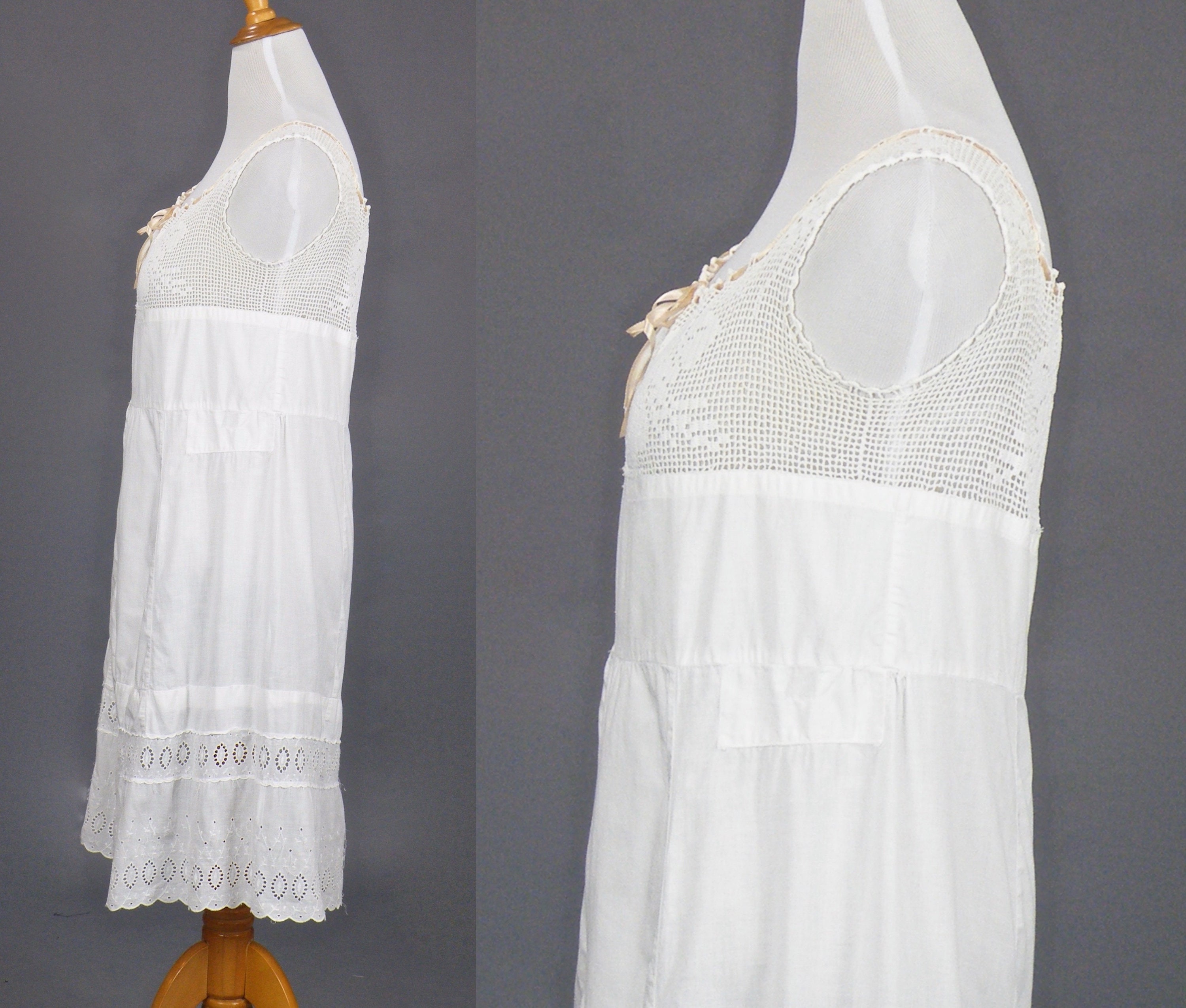 1910s Edwardian Filet Crochet Lace Cotton Eyelet Slip Dress, Antique