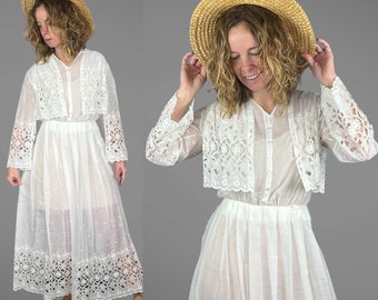 1900s 1910s Broderie Anglaise Dress, Edwardian White Dress, Gorgeous Antique Cotton Whitework Embroidered Eyelet Dress, XS / Small