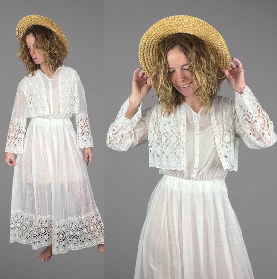 1900s 1910s Broderie Anglaise Dress, Edwardian White Dress, Gorgeous Antique Cotton Whitework Embroidered Eyelet Dress, XS / Small