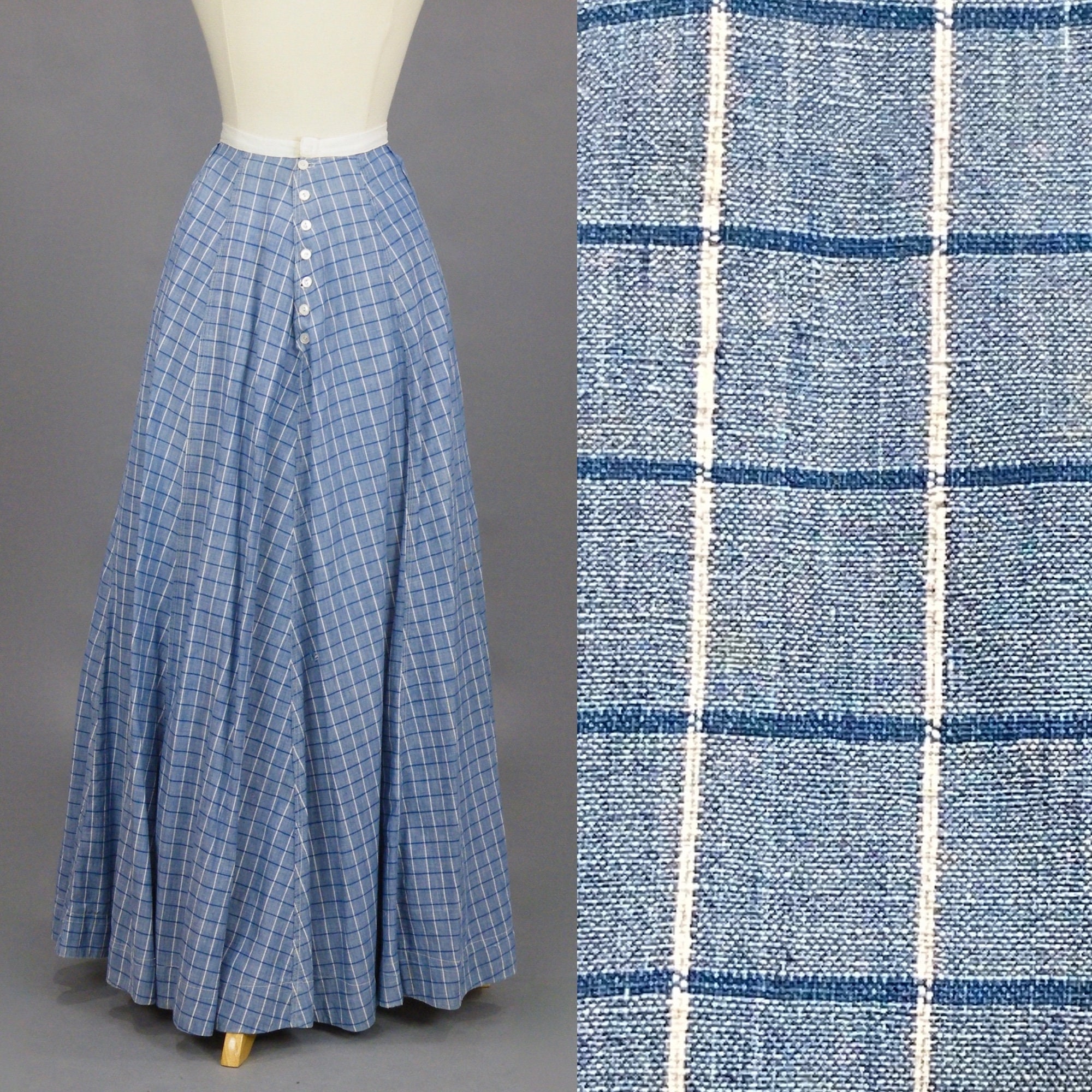 Edwardian Skirt, Antique 1910s Indigo Blue Cotton Check Skirt, 24 Waist