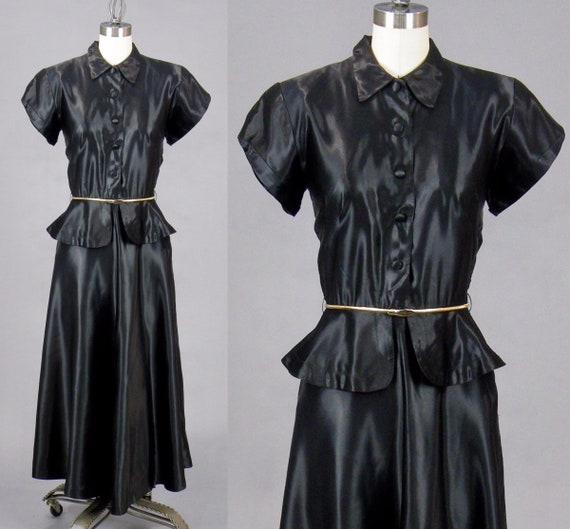Vintage 1940s Black Liquid Satin Peplum Dress, 40s