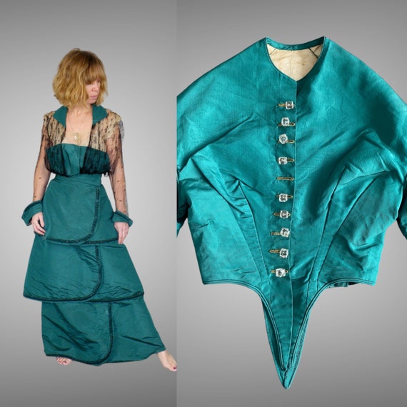 1860s Green Silk Pointed Victorian Bodice and Re-Fashioned 1910s Dress, Antique Historical Dress