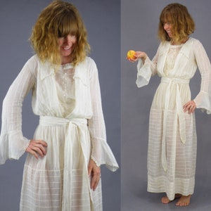 1900s Dress, Antique Edwardian Dress, Sheer Cotton Net Day Dress with Bell Sleeves, XS