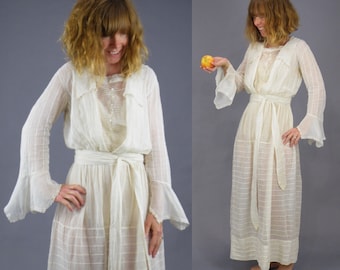 Vestido antiguo eduardiano de red de algodón, mangas acampanadas, talla XS