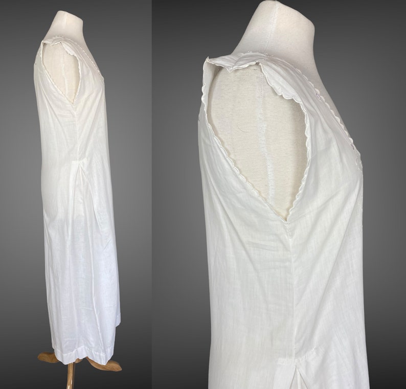 Edwardian Night Dress, Antique 1910s Nightgown, White Embroidered Cotton Nightwear w Purple Ribbon Tie, Made in France, S M image 7