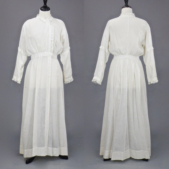 Edwardian Dress, 1900s 1910s Cotton Lawn Dress, Antique Lace Trim Striped Cotton Afternoon Dress Medium