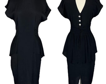 Vintage 1940s Dress, Open Back Black Rayon Crepe 40s Peplum Dress, LBD Cocktail Attire, XS/S