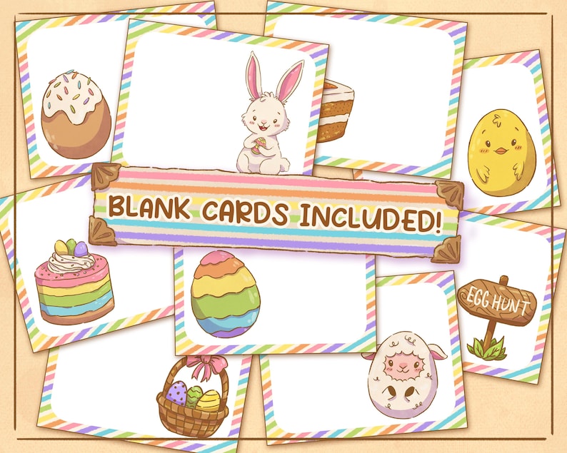 K&ouml;nnte beinhalten: Ein Satz druckbarer Osterkarten mit Bildern von einem Hasen, einem K&uuml;ken, einem Kuchen, einem Ostereiersuchschild, einem Korb mit Eiern, einem Regenbogen-Ei und einem Schaf. Die Karten haben einen gestreiften Rand und der Text "LEERE KARTEN INKLUSIVE!" ist auf einem Banner abgebildet.