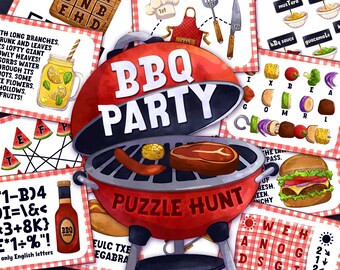 Könnte beinhalten: Bunte Illustration mit einem roten BBQ-Grill mit der Aufschrift "BBQ PARTY" und "PUZZLE HUNT". Der Grill enthält ein Steak, eine Wurst und Mais. Das Bild zeigt auch einen Burger, Gemüse und eine Flasche BBQ-Sauce.