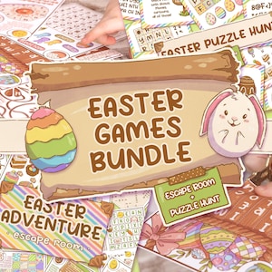 May include: An Easter Games Bundle with colorful illustrations. The bundle includes an Easter Adventure escape room, a puzzle hunt, and other games. The main graphic features a rainbow-colored egg and a cartoon bunny.
