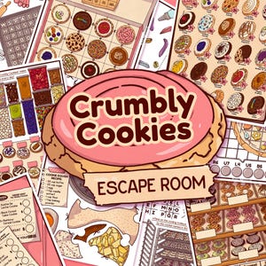 May include: A printable escape room game themed around baking cookies. The game features a large pink cookie with the words "Crumbly Cookies Escape Room" written on it. The game includes a variety of puzzles and activities, such as a word search, a cookie recipe, and a cookie decorating challenge.