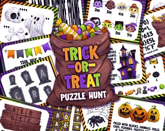 May include: A collection of Halloween-themed puzzle cards. A brown sack filled with candy is the central image, with the words "Trick or Treat Puzzle Hunt" in colorful letters. Other cards feature pumpkins, ghosts, and a haunted house.