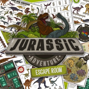 May include: A colorful escape room game themed around dinosaurs. The game includes a variety of puzzles and activities, including a word search, a dinosaur identification chart, and a dinosaur footprint matching game. The game is designed for ages 8 and up.