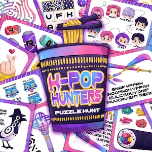以下が含まれることがあります： K-Pop Hunters Puzzle Huntゲームのカラフルなイラスト。中央の画像は、ゲームのタイトルが付いた様式化されたラーメン丼です。周囲のカードには、パズル、イラスト、テキストが表示されており、「Clock」、「Armchair」、「Pillow」、「Shoes」という単語が含まれています。