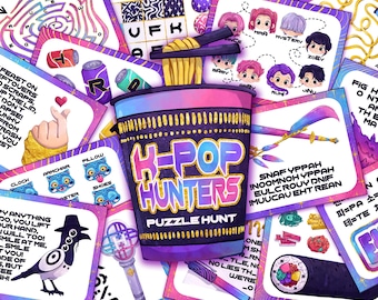 Könnte beinhalten: Bunte Illustration eines K-Pop Hunters Puzzle Hunt-Spiels. Das zentrale Bild ist eine stilisierte Ramen-Schüssel mit dem Titel des Spiels. Umgebende Karten zeigen Rätsel, Illustrationen und Text, einschließlich der Wörter "Clock", "Armchair", "Pillow" und "Shoes".