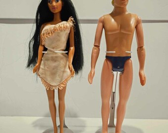 Pocahontas Color Splash Hair John Smith Disney Barbie Dolls 1995 Lote de 2