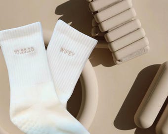 Wifey with Wedding Date Socks - Available in grip socks for Pilates, Barre, Lagree and Regular for bachelorette party, bride-to-be