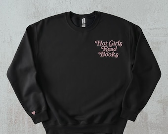 Heta tjejer läser rund hals, broderad bokälskartröja, mysig läsartröja för kvinnor