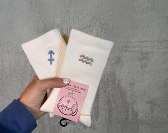 Personalized Zodiac Socks, Cute Horoscope Grip Socks, Cozy Embroidered Crew Socks, Astrology Lover Gift
